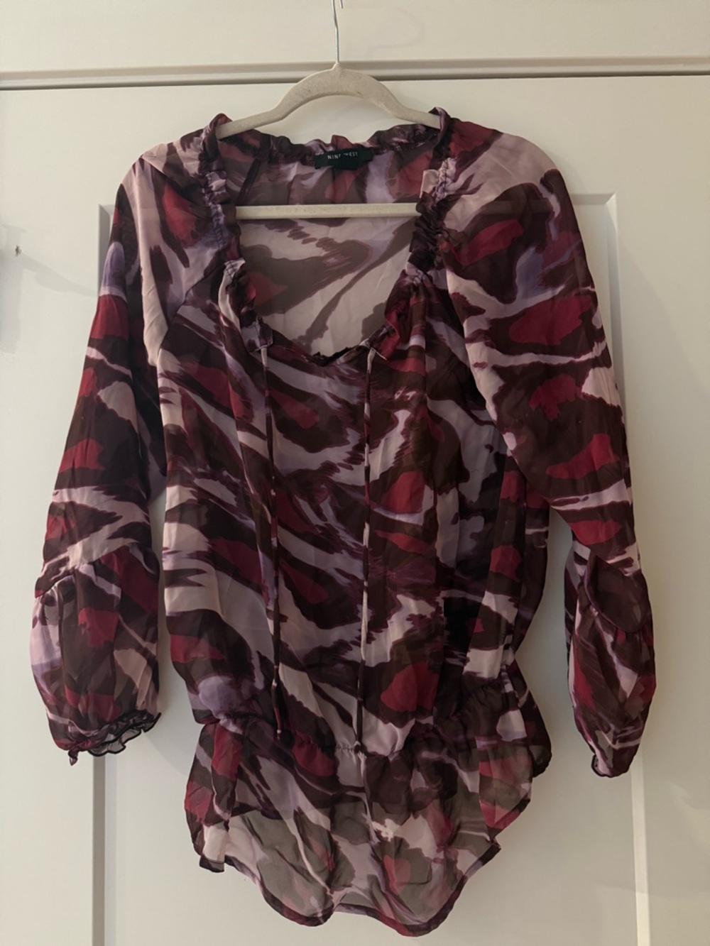 Sheer Ruffle-Neck Womens Blouse in Burgundy Multi Size S